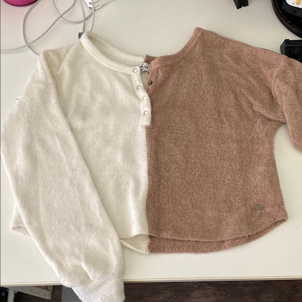 Two-Tone Cropped Holister Shirt - Cream and Brown
